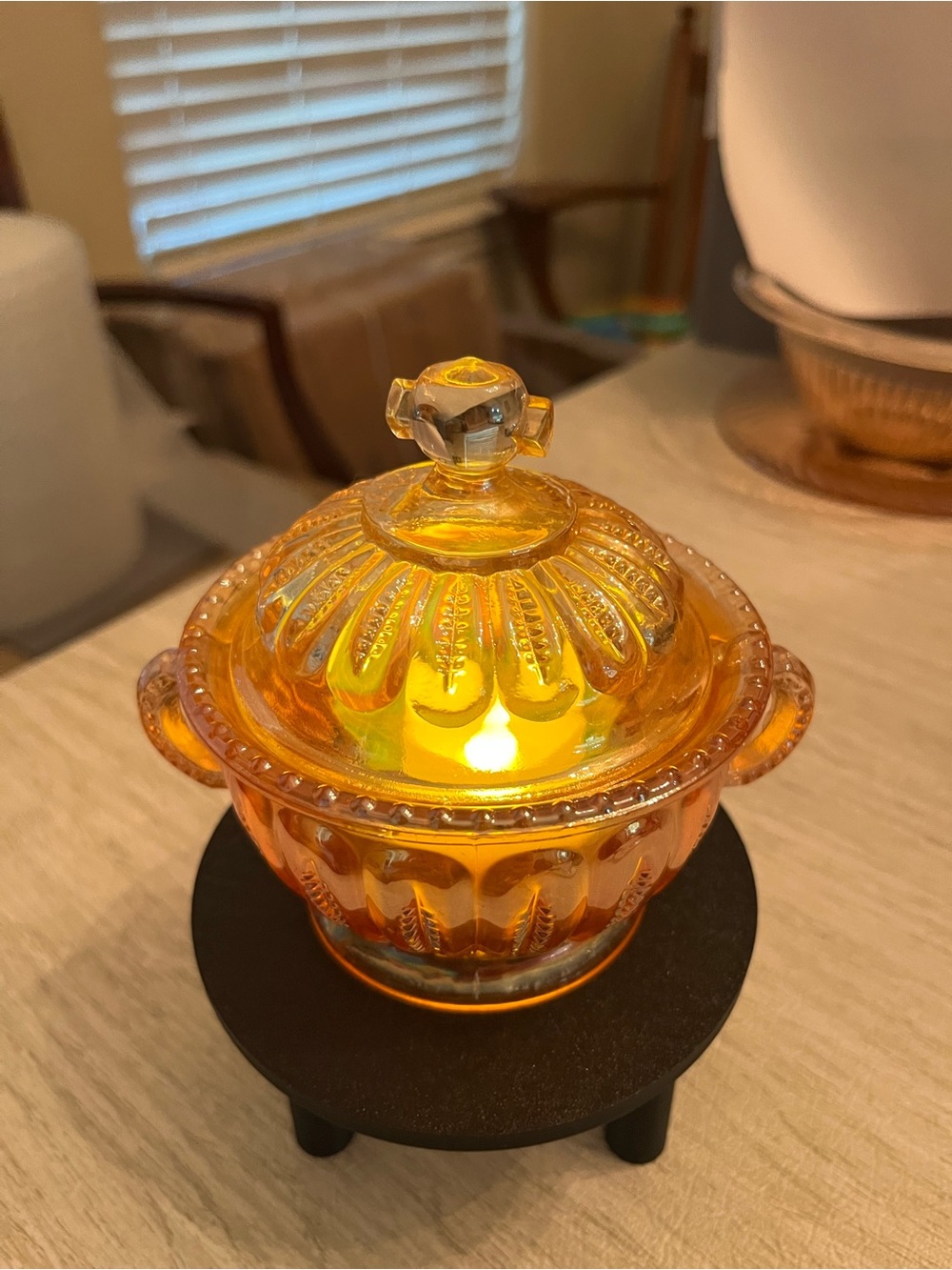 Vintage Amber Glass Covered Sugar Bowl Fairy Lamp Décor - Picture 5 of 5